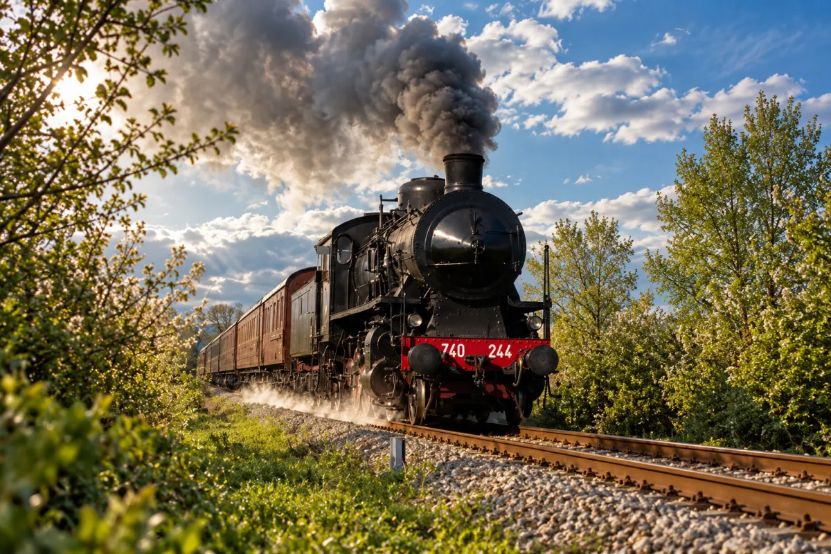 Locomotiva a vapore 740 244 con carrozze storiche tra gli alberi